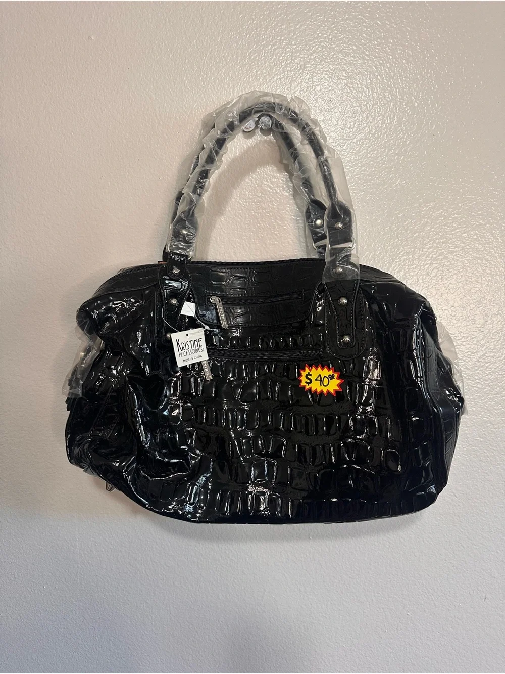 Black Croc-Embossed Patent Tote